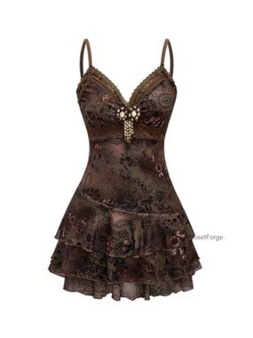 Y2k Mini Dress Gothic Vintage Boho Beaded Ruffle Lace Paisley Tiered Bodycon